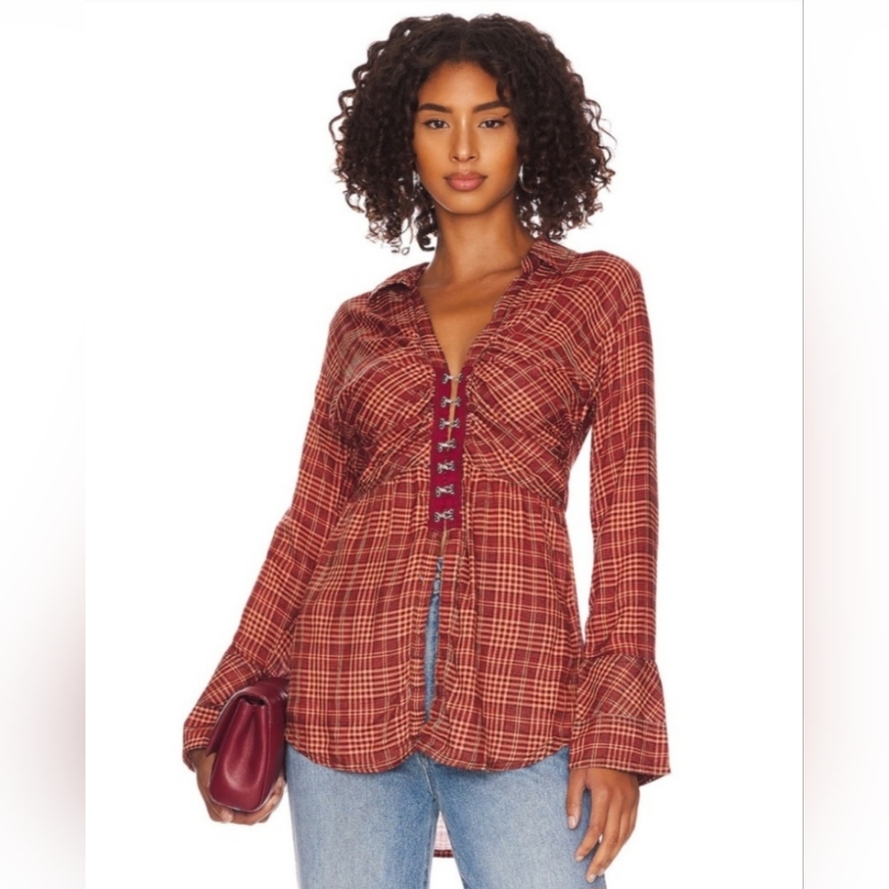 NWOT Free People Catalina plaid top size medium in red combo